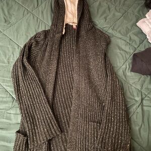 No Boundaries Black Flecked Ribbed Hooded Cardigan with Cream Sherpa Trim